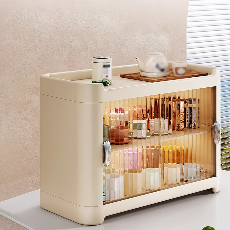 Gabinete moderno de 2 niveles con puertas de vidrio transparente.