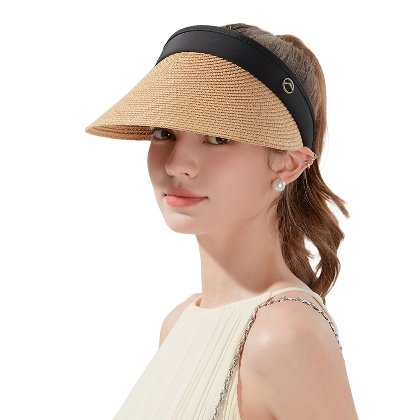 Women's Sun Visor Hats Wide Brim Straw Beach Hat Ponytail Hats for Women Foldable Floppy