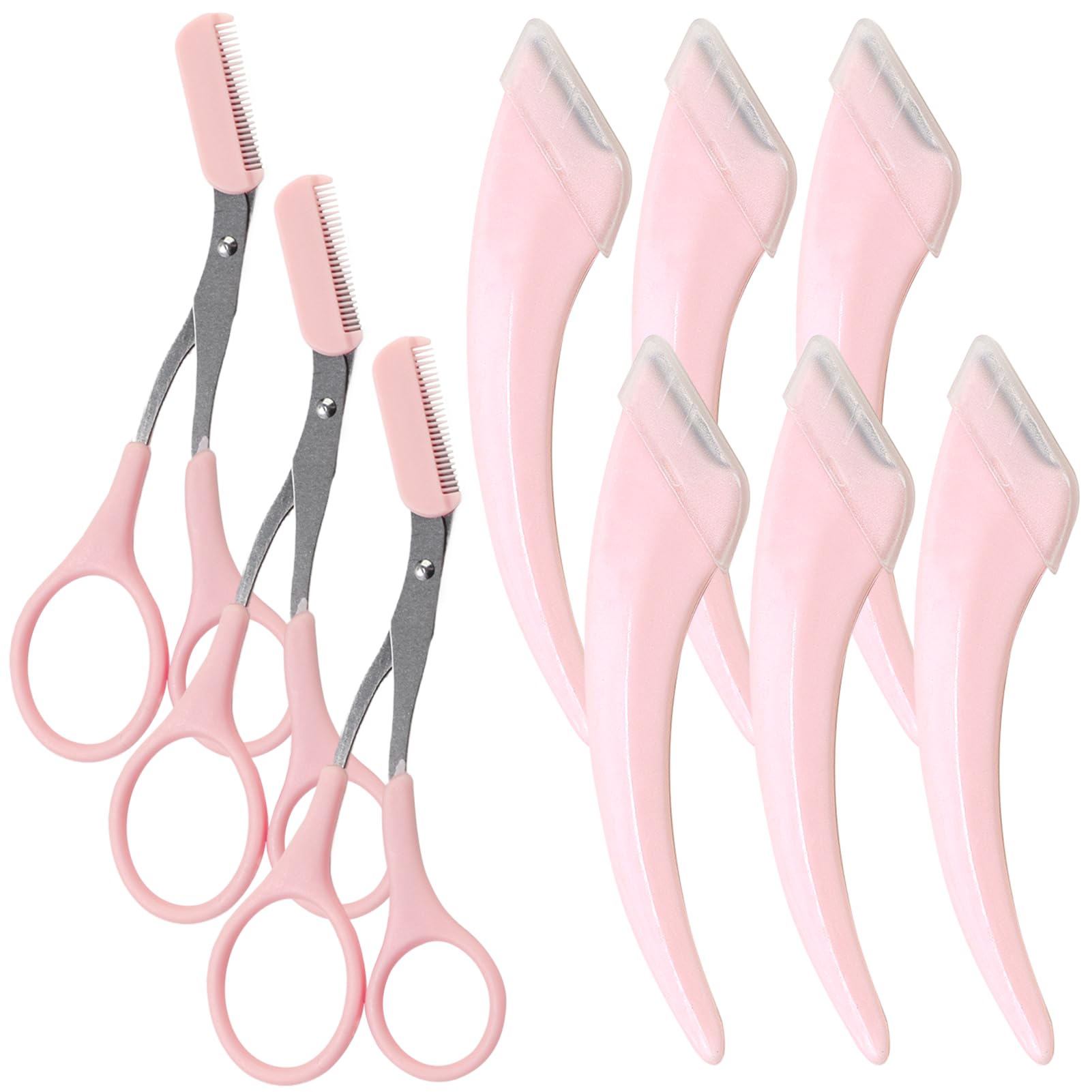 6 Pcs Eyebrow Trimmer Scissors with Comb, Curved Eye Brow Razor, Non-Slip Stainless Steel Facial Hair Removal Grooming, Brow Shaping Beard Shaving Kit Beauty Accessories for Women Men