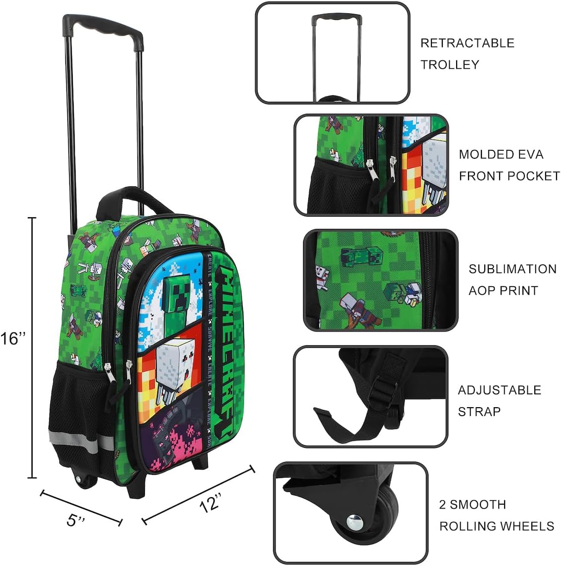 Minecraft Rolling 16” Backpack with Adjustable Handle