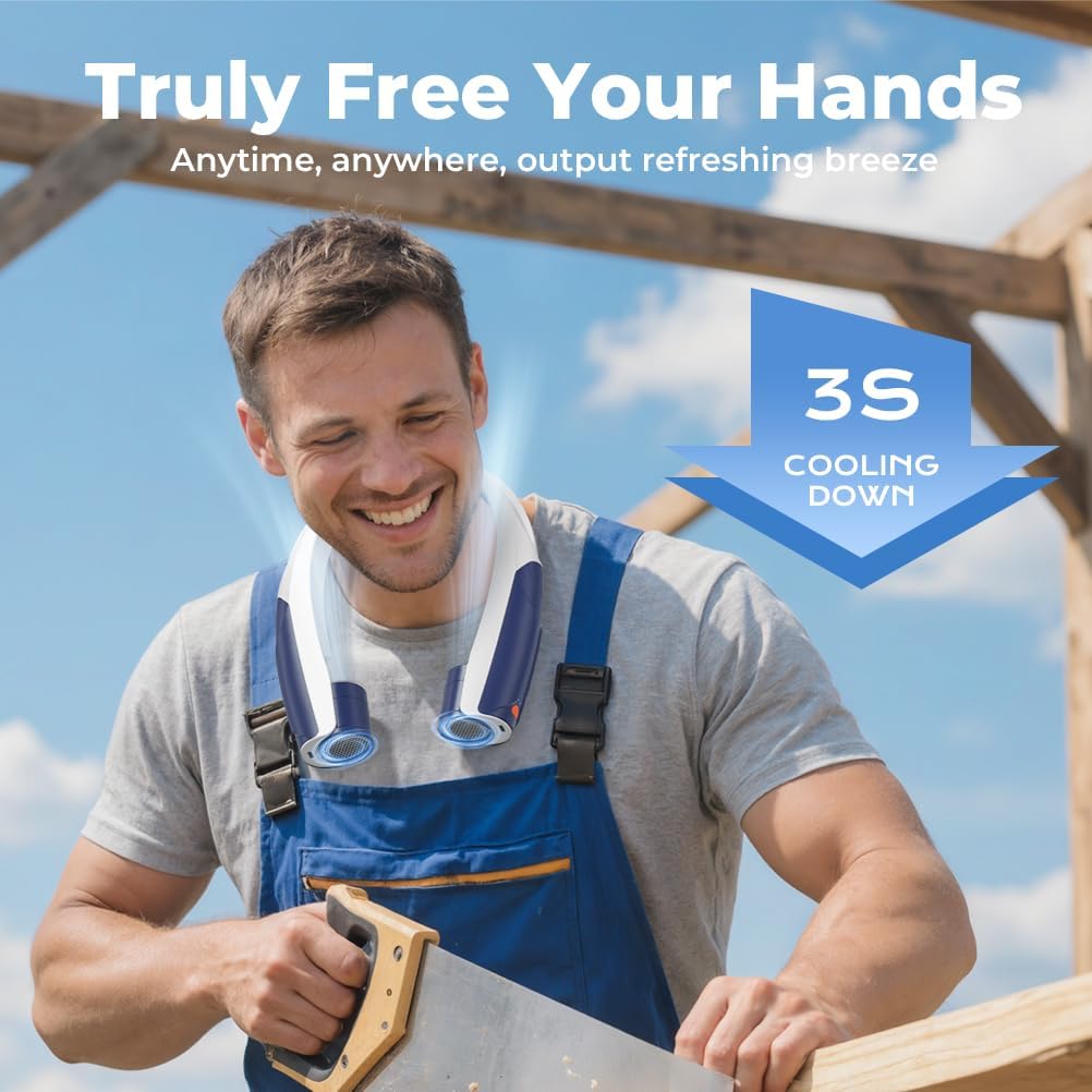 Outdoor Neck Fan 8000RPM Hurricane Wind, Portable Personal Fan Rechargeable, Battery 20H, 6 Adjustable Cooling Speeds, 360° Airflow, Hands-Free Wearable Fan for Camping Travel, Blue White