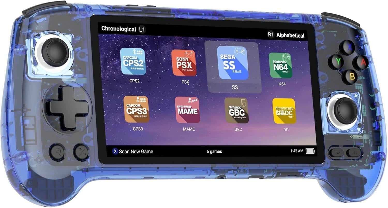 RG556 Retro Handheld Game Console , Android 13 System Unisoc T820 Processor 5.48 Touch Inch AMOLED Screen 5500mAh Battery Support WiFi Online DP Output (Transparent Blue)