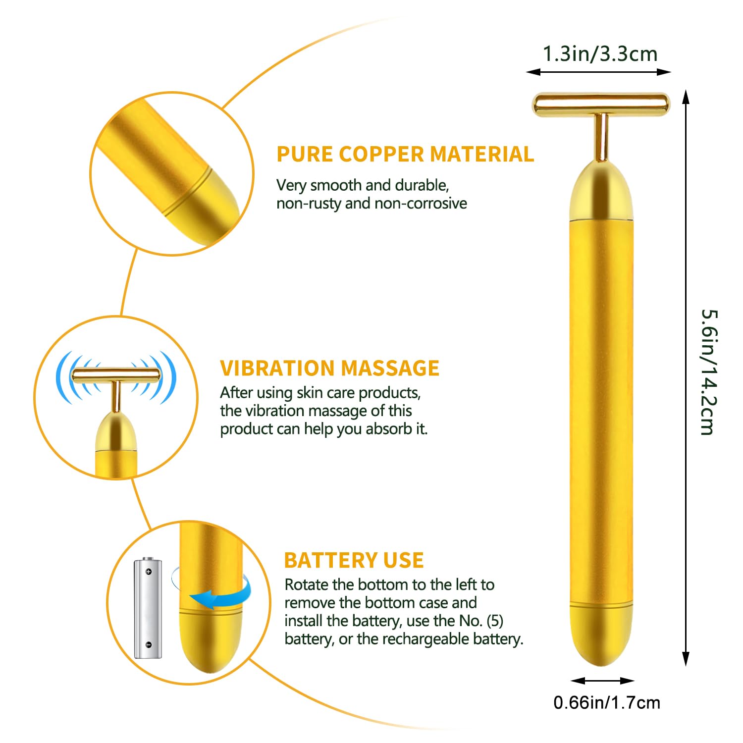 Aubric Face Massager Electric Beauty Bar 24k Golden Facial Massage Tool, T-Shape Electric Vibrating Wand Face Neck Skin Firming Lifting Tighting Wrinkles Reducing Body Treatment Anti Aging Device