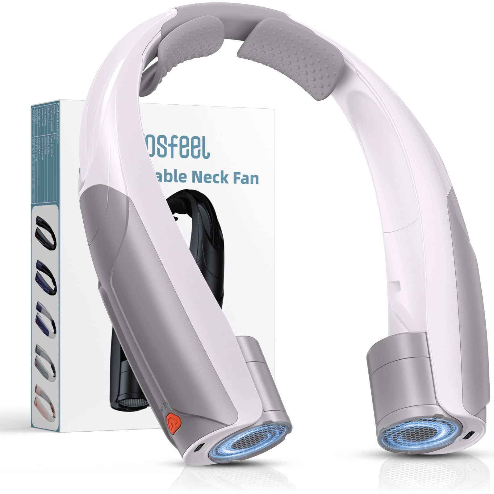 Outdoor Neck Fan 8000RPM Hurricane Wind, Portable Personal Fan Rechargeable, Battery 20H, 6 Adjustable Cooling Speeds, 360° Airflow, Hands-Free Wearable Fan for Camping Travel, Blue White