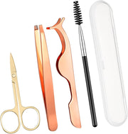 Lasnten 5 pcs Eyelash Applicator Tool Set Lash Tweezers for Eyelash Extensions Stainless Steel False Scissors Cluster Tweezer Eyebrow Curler Lash Brush with Box(Gold)