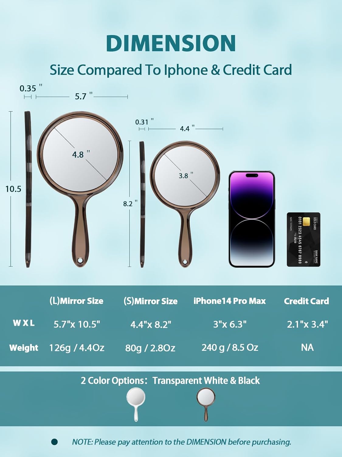 Double-Sided Handheld Mirror with 1X/15X Magnification, Perfect for Travel and Makeup, 8.3" L x 4.5" W(Transparent Black, 1PC)