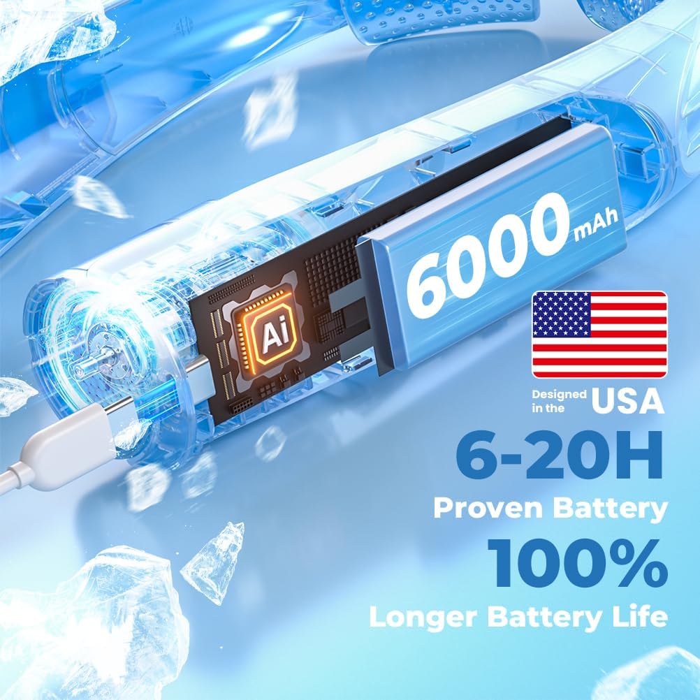 Outdoor Neck Fan 8000RPM Hurricane Wind, Portable Personal Fan Rechargeable, Battery 20H, 6 Adjustable Cooling Speeds, 360° Airflow, Hands-Free Wearable Fan for Camping Travel, Blue White