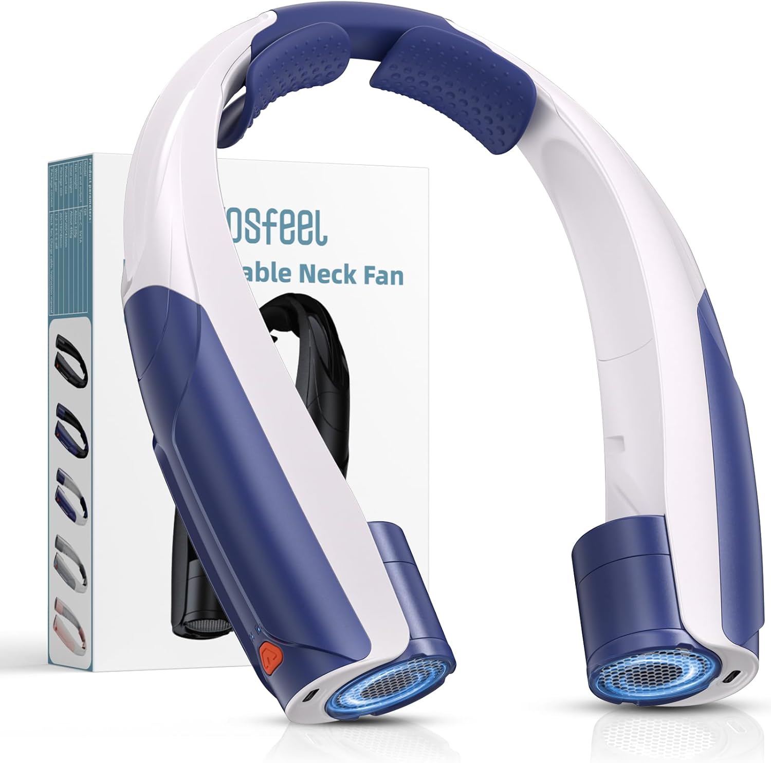 Outdoor Neck Fan 8000RPM Hurricane Wind, Portable Personal Fan Rechargeable, Battery 20H, 6 Adjustable Cooling Speeds, 360° Airflow, Hands-Free Wearable Fan for Camping Travel, Blue White