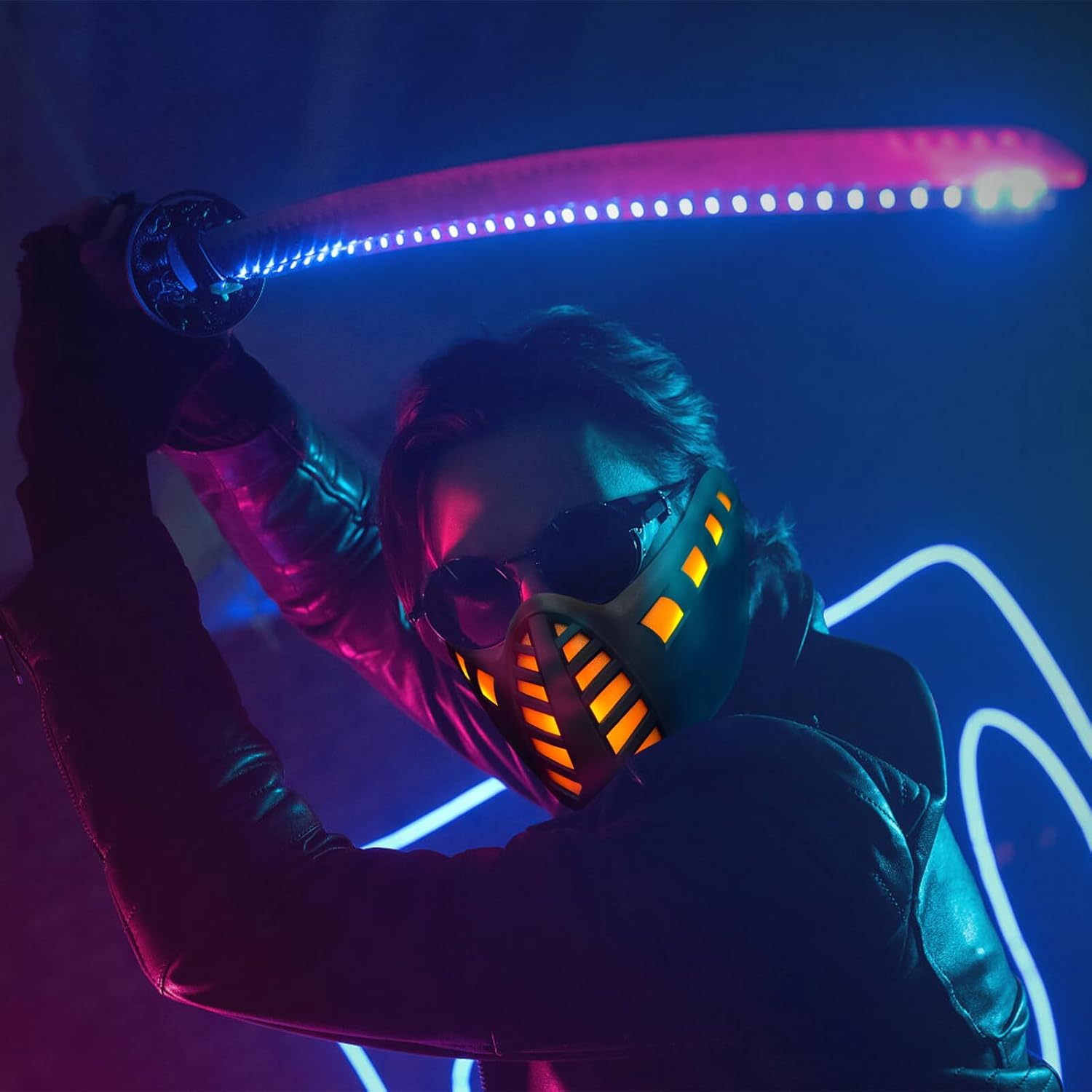 Punk Mask LED Half Face Halloween Light Up Scary Cosplay Party Props Costume for Men, Futuristic Techwear Mask Music Festival for Men Women Adult