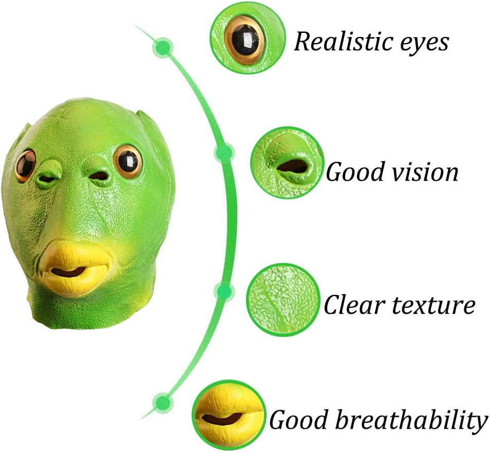 AQKILO Green Fish Mask Funny Latex Full Head Realistic Masks Fancy Dress for Halloween Carnival Costume Party