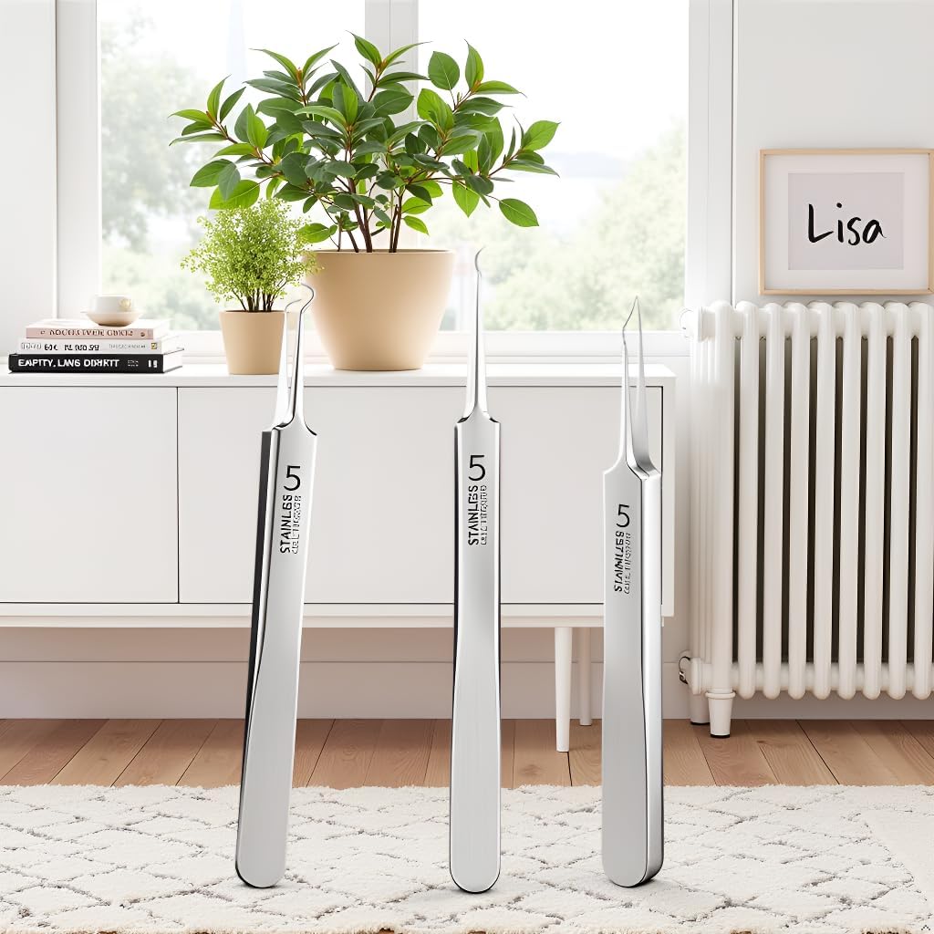 3 Pcs Professional Blackhead Tweezer Professional Facial Blackhead Remover Tweezers Precision Extractor Acne Removal Kit Pimple Popper Tool with Storage Box Skin Care Tools (Silver)