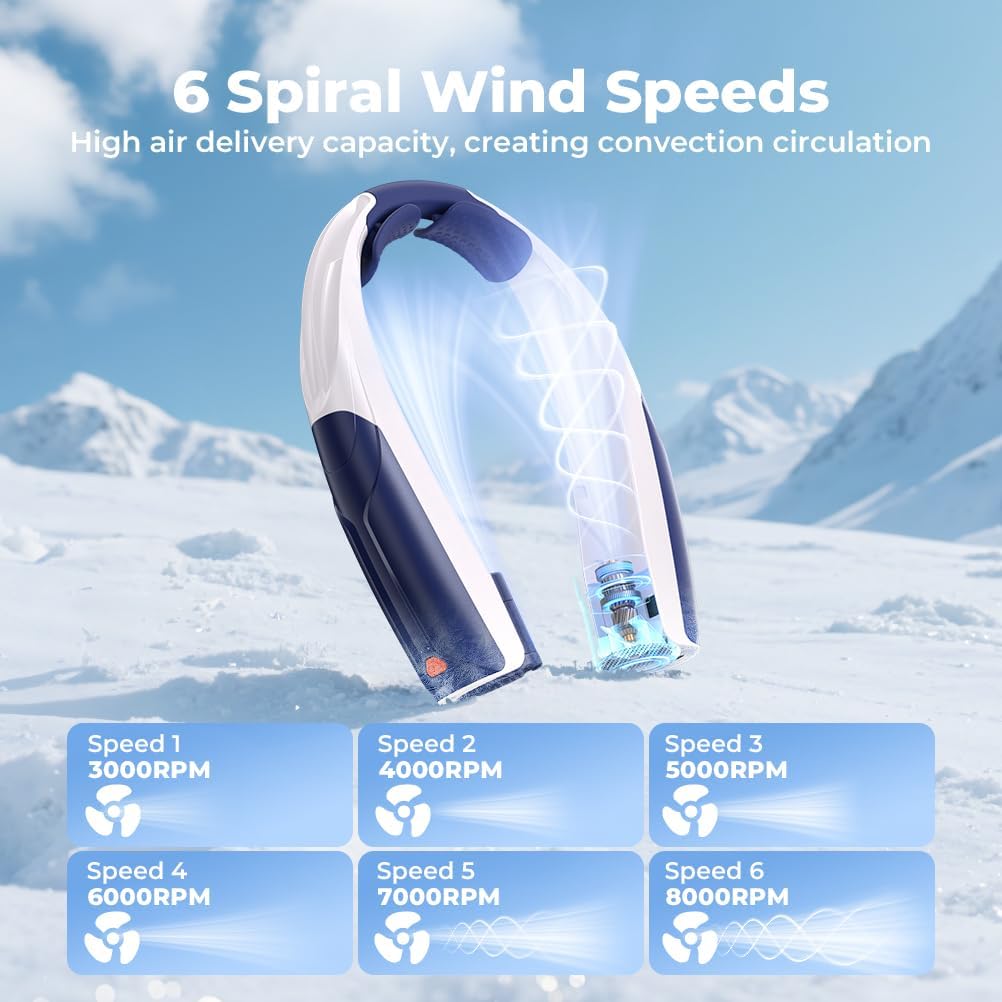 Outdoor Neck Fan 8000RPM Hurricane Wind, Portable Personal Fan Rechargeable, Battery 20H, 6 Adjustable Cooling Speeds, 360° Airflow, Hands-Free Wearable Fan for Camping Travel, Blue White