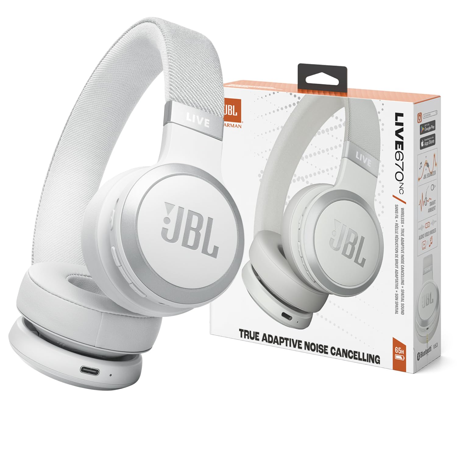 JBL Live 670NC - Wireless On-Ear Headphones with Adaptive Noise Cancelling with Smart Ambient, Up to 65H battery life with speed charge, Lightweight, comfortable and foldable design (Black) (Renewed)