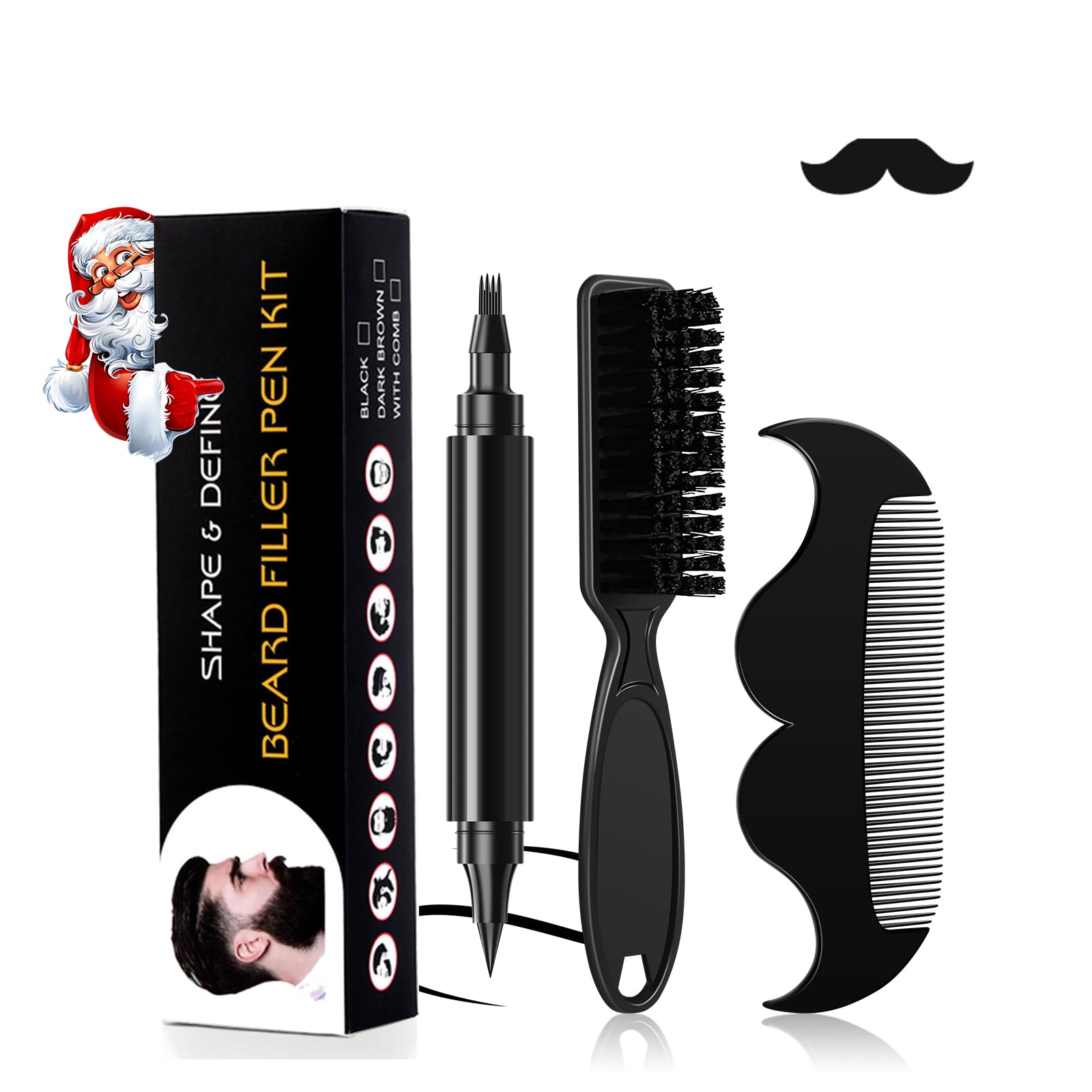 Beard Pen - Beard Pencil Filler for Men Black, Barber Pencil with Beard Brush & Comb, Dual-Head Beard Filler with 4-Fork-Tip Waterproof Mens Grooming Kits Gifts for Men, Mens Gifts Ideas (Dark Brown)