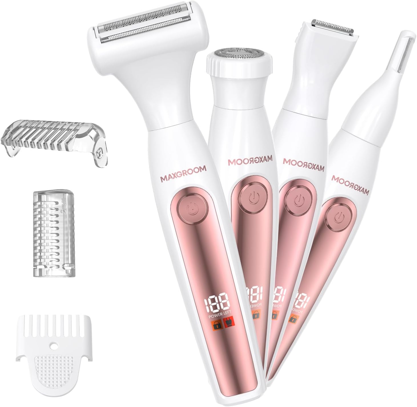 Bikini Trimmer for Women, 4-in-1 Waterproof Lady's Electric Razor Shaver and Facial Hair Removal, Cordless Rechargeable Body Hair Trimmer Grooming Sets for Leg, Armpit, Face, Eyebrow (White)