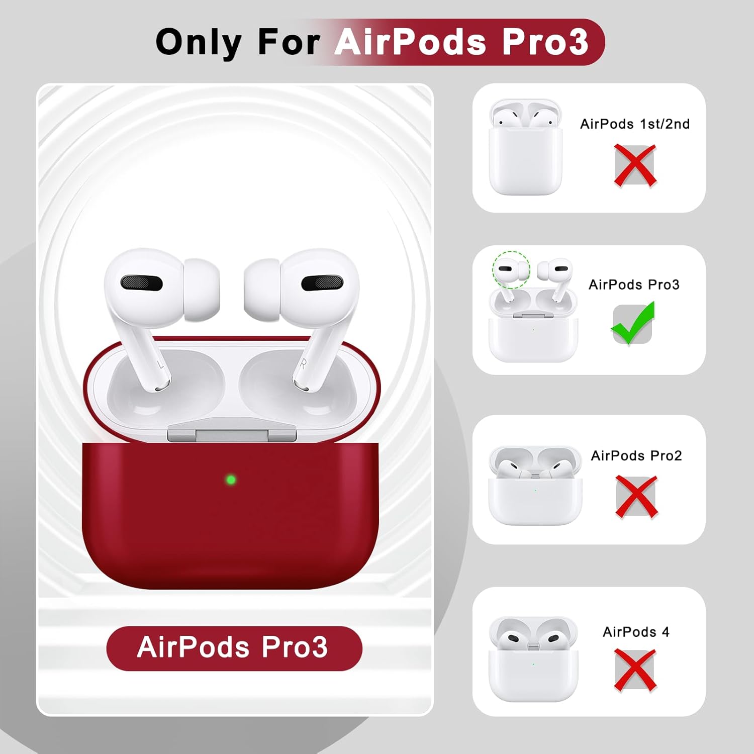 MysticHome for AirPods Pro 3 case, Compatible with AirPods Pro 3rd Generation Case, Soft Silicone Case with Keychain, Wireless Charging Support, Includes 1 Cleaning Pen (Burgundy)