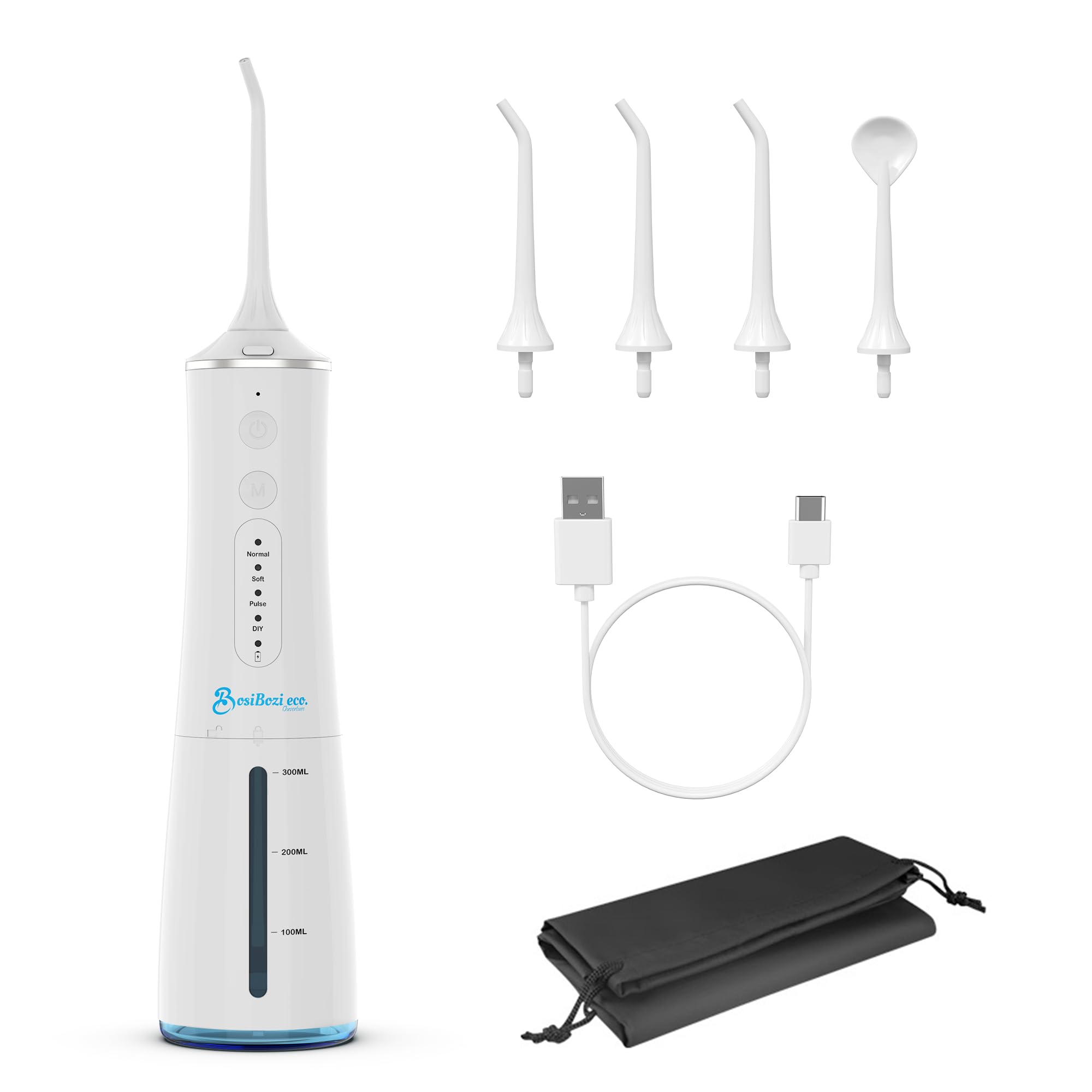 BosiBozi Rechargeable Water Flossers for Teeth, 4 Modes Cordless & Portable Power Dental Flossers 300ML Tank, IPX7 Waterproof Water Flosser, USB-C Charing Cable, 3 Jet Heads, 1 Tongue Scrapper