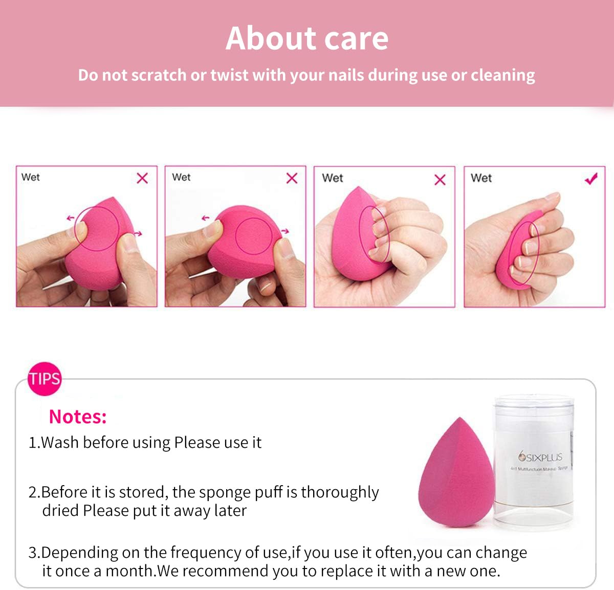 SIXPLUS Multifunctional Makeup Sponge Puff, Teardrop Shape, Diagonally Cut Flat Surface, Soft, Dry and Wet Use, Makeup Tool, Makeup Puff (Rose Red)