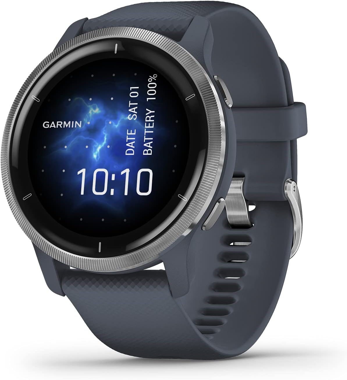 Garmin Venu 2 (Renewed), GPS Smartwatch with Advanced Health Monitoring and Fitness Features, Silver Bezel with GraniteBlue Case and Silicone Band
