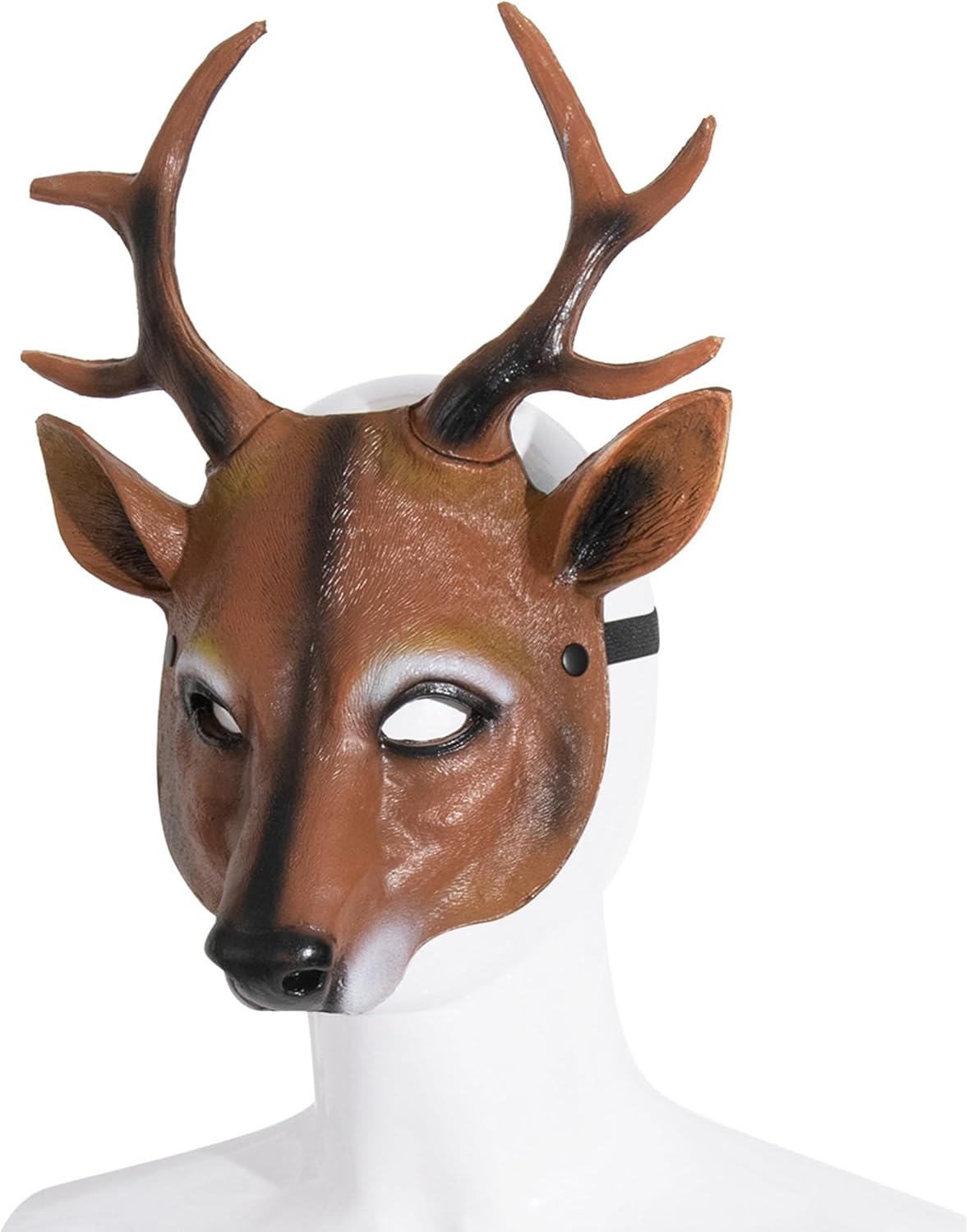 whitefeather Realistic 3D Deer Mask, PU Material, Brown, Halloween Costume Accessory, Antlered Creature Face Mask