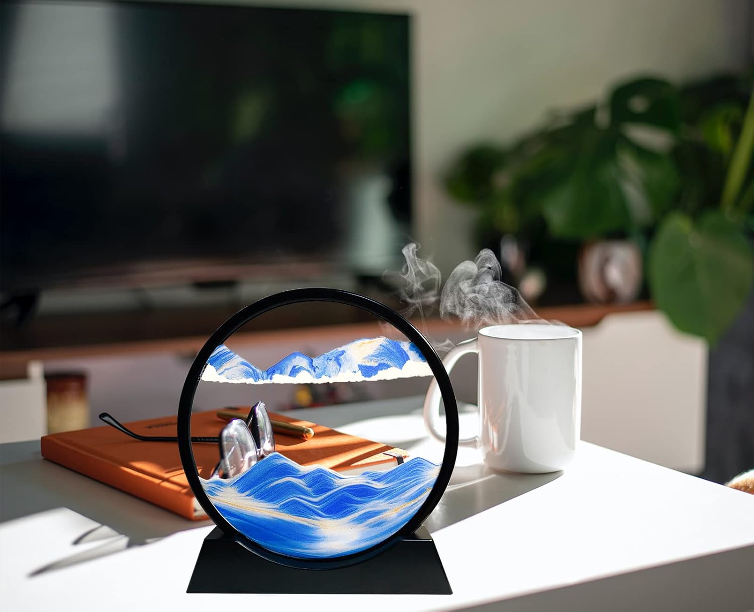 Moving Sand Art Liquid Motion - Moving Sand Art Picture 3D Deep Sea Sandscape, Round Glass Frame Display Flowing Sand Relaxing Toy for Desktop Home Office Work Ocean Decor(Blue, 7")