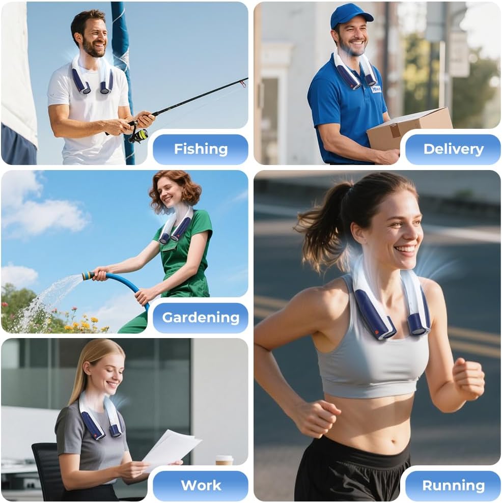 Outdoor Neck Fan 8000RPM Hurricane Wind, Portable Personal Fan Rechargeable, Battery 20H, 6 Adjustable Cooling Speeds, 360° Airflow, Hands-Free Wearable Fan for Camping Travel, Blue White