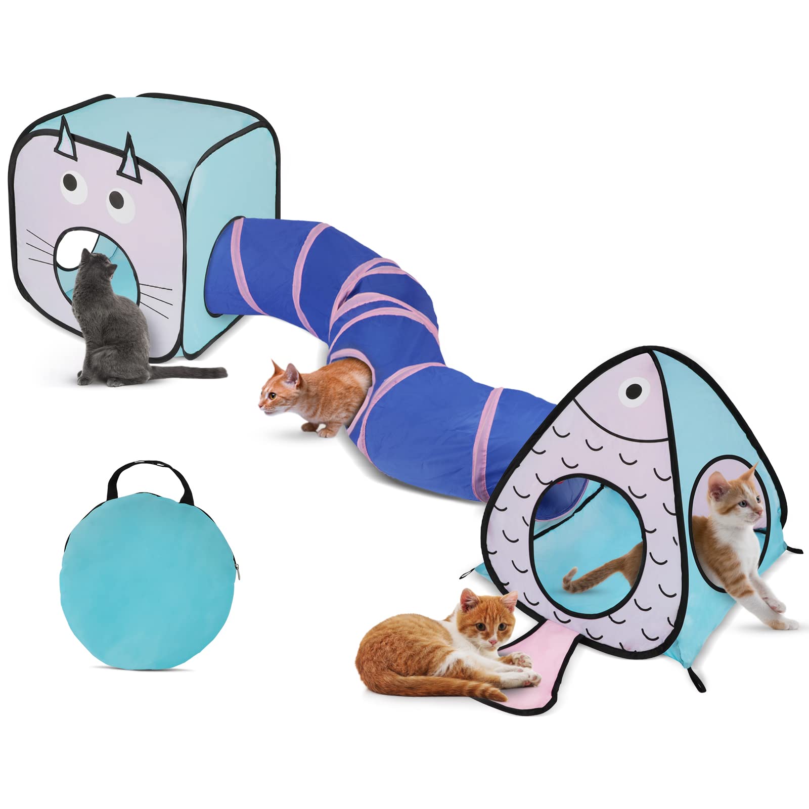 Rypet Cat Tunnels for Indoor Cats with Cube Tent, Interactive Collapsible Cat Tube and Foldable Cubes Playground for Hiding Hunting and Resting, Pet Tube with Bell for Kitten, Rabbit, Puppy, Ferret