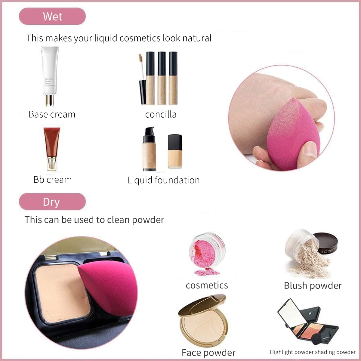 SIXPLUS Multifunctional Makeup Sponge Puff, Teardrop Shape, Diagonally Cut Flat Surface, Soft, Dry and Wet Use, Makeup Tool, Makeup Puff (Rose Red)