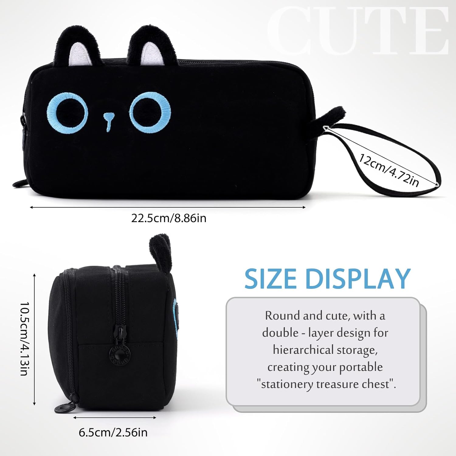 CICIMELON Cartoon Pencil Case, Large Capacity Pen Pouch with Embroidered Animal Design, School Supplies Bag for Kids, Teens, Students (Black Cat)