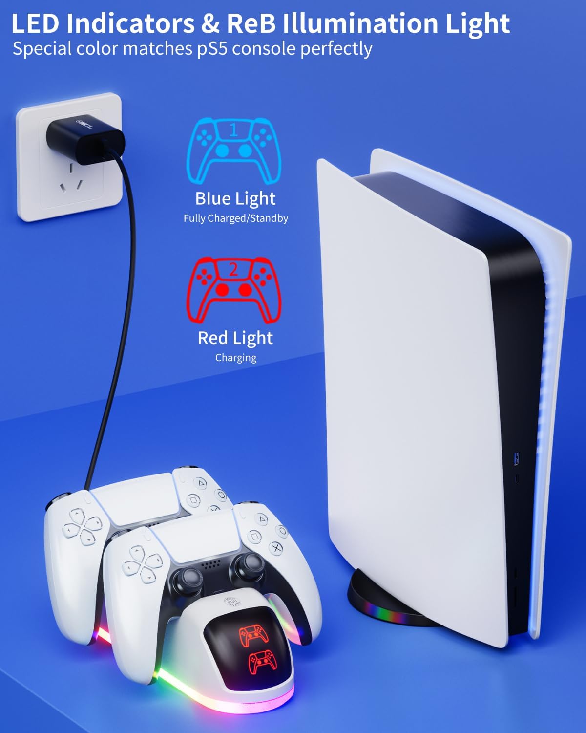 PS5 Controller Charger Station，2025 Upgrade Version with 10 LED Mode & RGB Button, Safe Fast Charging and Overcharge Protection Dock for Dualsense PlayStation 5 Controllers