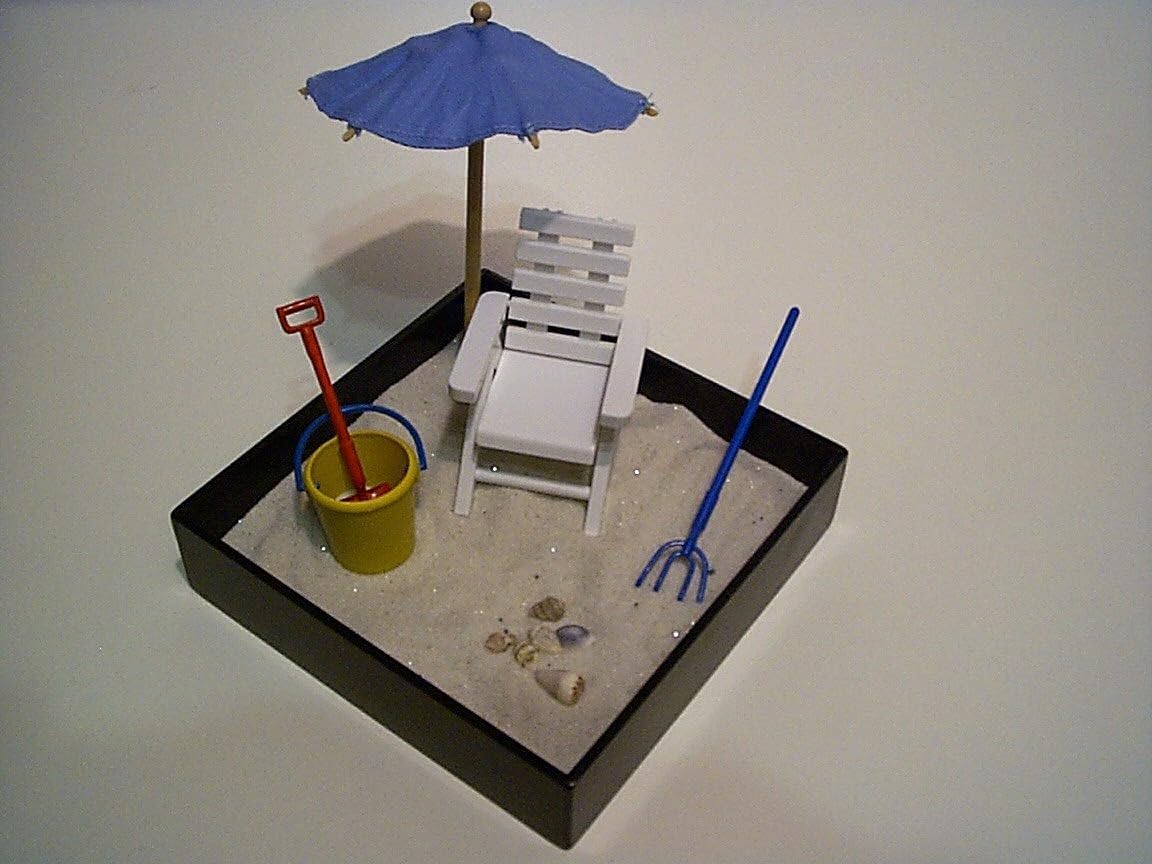 Executive Sandbox - Beach Break - Mini Desktop Set - Stress Relieving Office Decor - Includes 5” x 5” Sandbox,10 Island Accessories, and Fine Sand