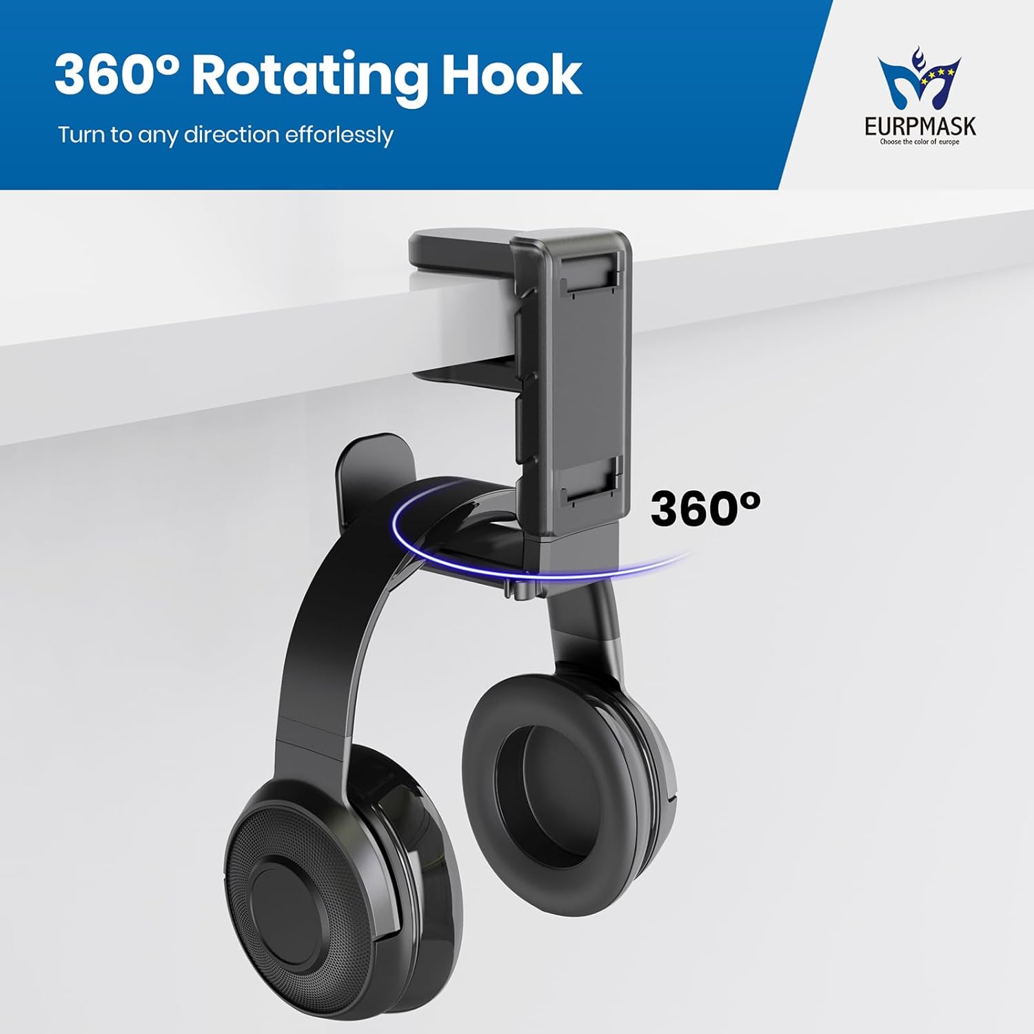 [Gift Set] 3-in-1 PC Gaming Headset&Controller Holder - EURPMASK Headphone Stand w/Adjustable Clamp&2 Controller Holder&Rotating Arm&Cable Organizer, PC Gaming Accessory Controller Headset Stand
