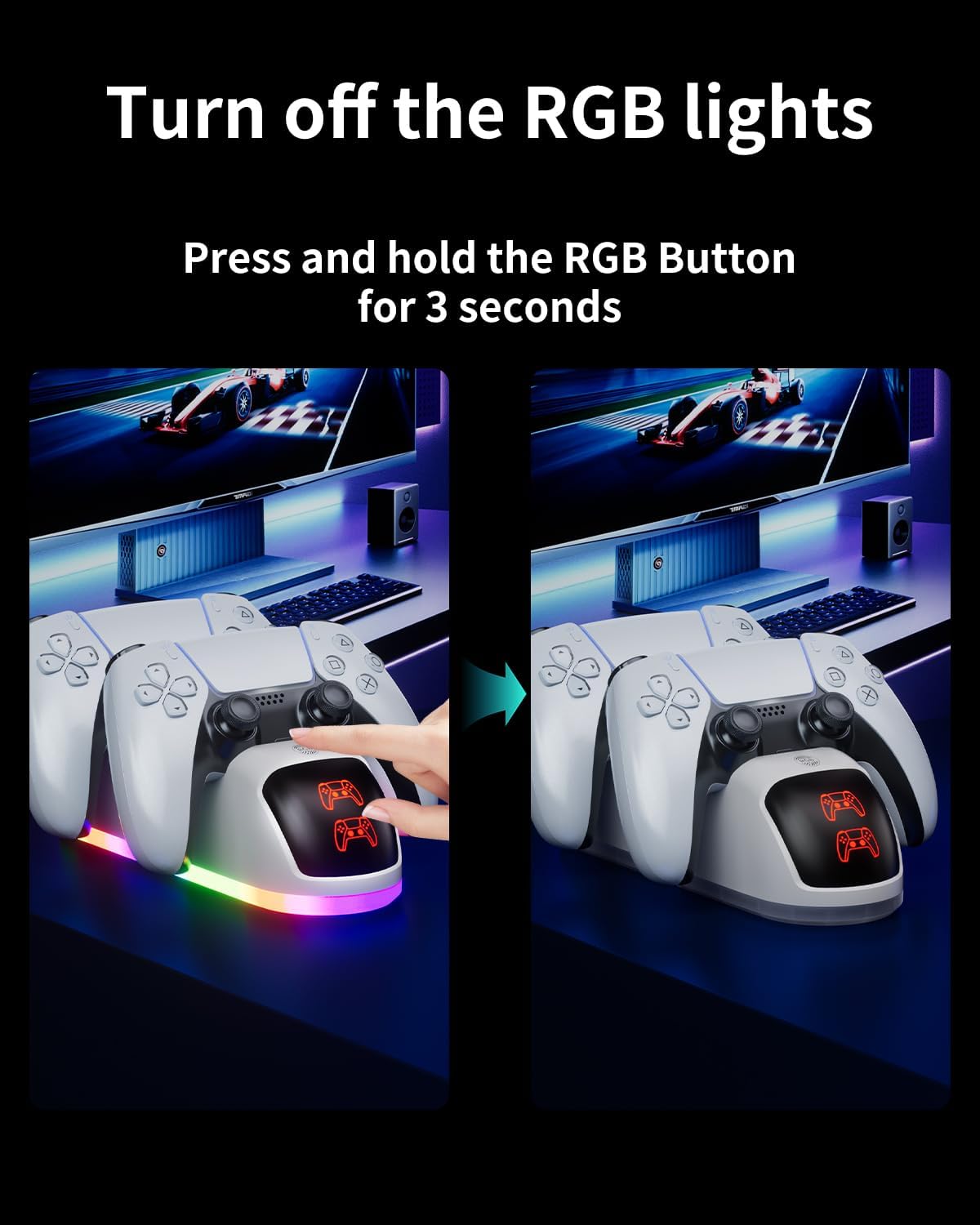 PS5 Controller Charger Station，2025 Upgrade Version with 10 LED Mode & RGB Button, Safe Fast Charging and Overcharge Protection Dock for Dualsense PlayStation 5 Controllers