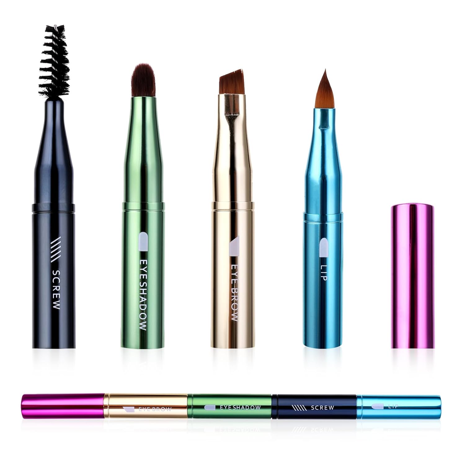 Simarro 4 in 1 Makeup Brush Set, Portable Travel Size Make Up Brushes - Detachable Eyeshadow, Eyebrow, Screw, Lip Brush for Foundation, Concealer, Powder Liquid (Multicolor)