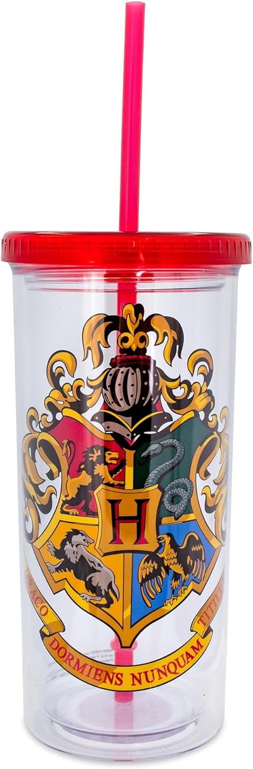 Harry Potter Hogwarts Crest Plastic Carnival Cup With Leak-Resistant Lid and Reusable Straw | Double-Walled Travel Tumbler For Drinks | Holds 20 Ounces