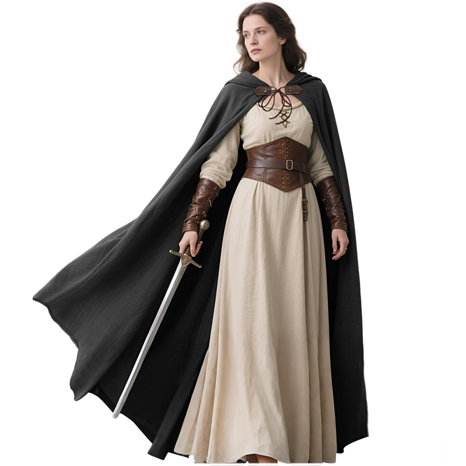 L'VOW Medieval Hooded Cloak Linen Renaissance Cape with Hood - Halloween Hobbit Cosplay Witch Wizard LARP