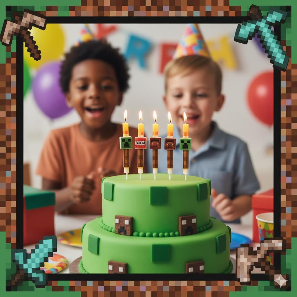 6 Pcs Birthday Candles, Pixel Design Party Favor Candle, Birtday Cake Decorations, Pixel Miner Themed Party Supplies