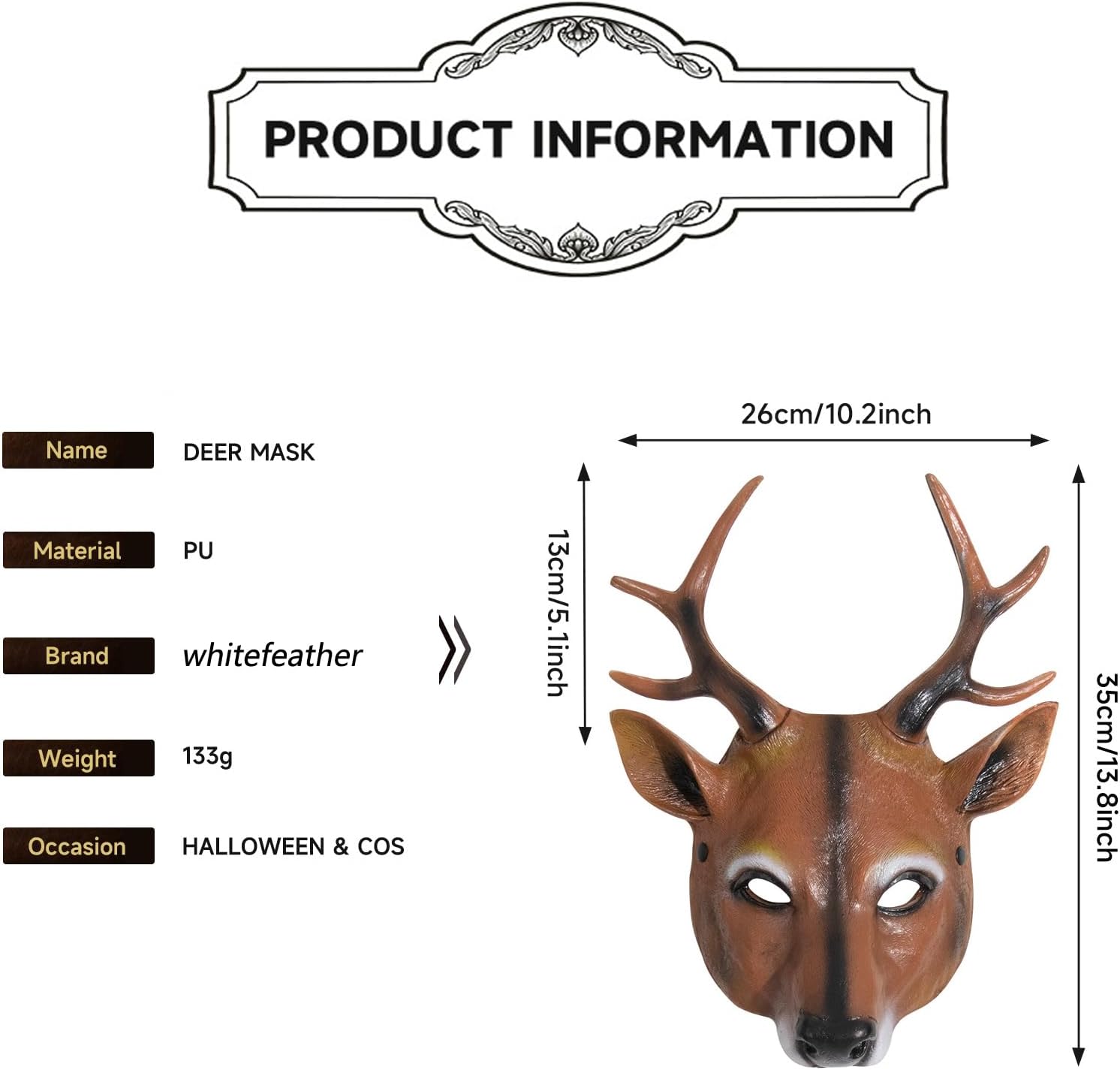 whitefeather Realistic 3D Deer Mask, PU Material, Brown, Halloween Costume Accessory, Antlered Creature Face Mask