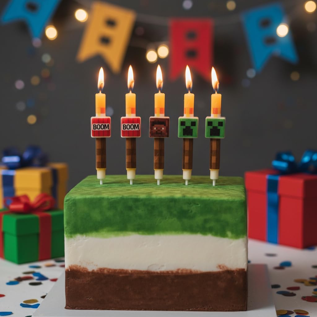 6 Pcs Birthday Candles, Pixel Design Party Favor Candle, Birtday Cake Decorations, Pixel Miner Themed Party Supplies
