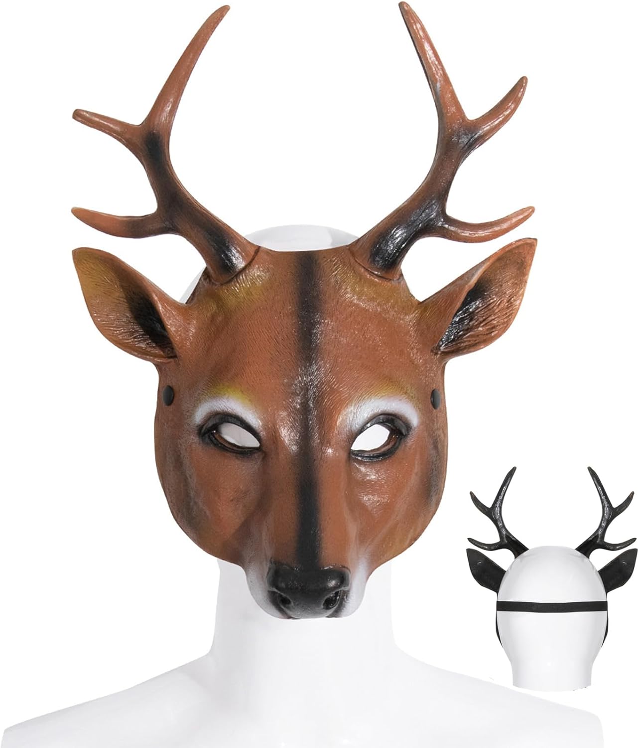 whitefeather Realistic 3D Deer Mask, PU Material, Brown, Halloween Costume Accessory, Antlered Creature Face Mask