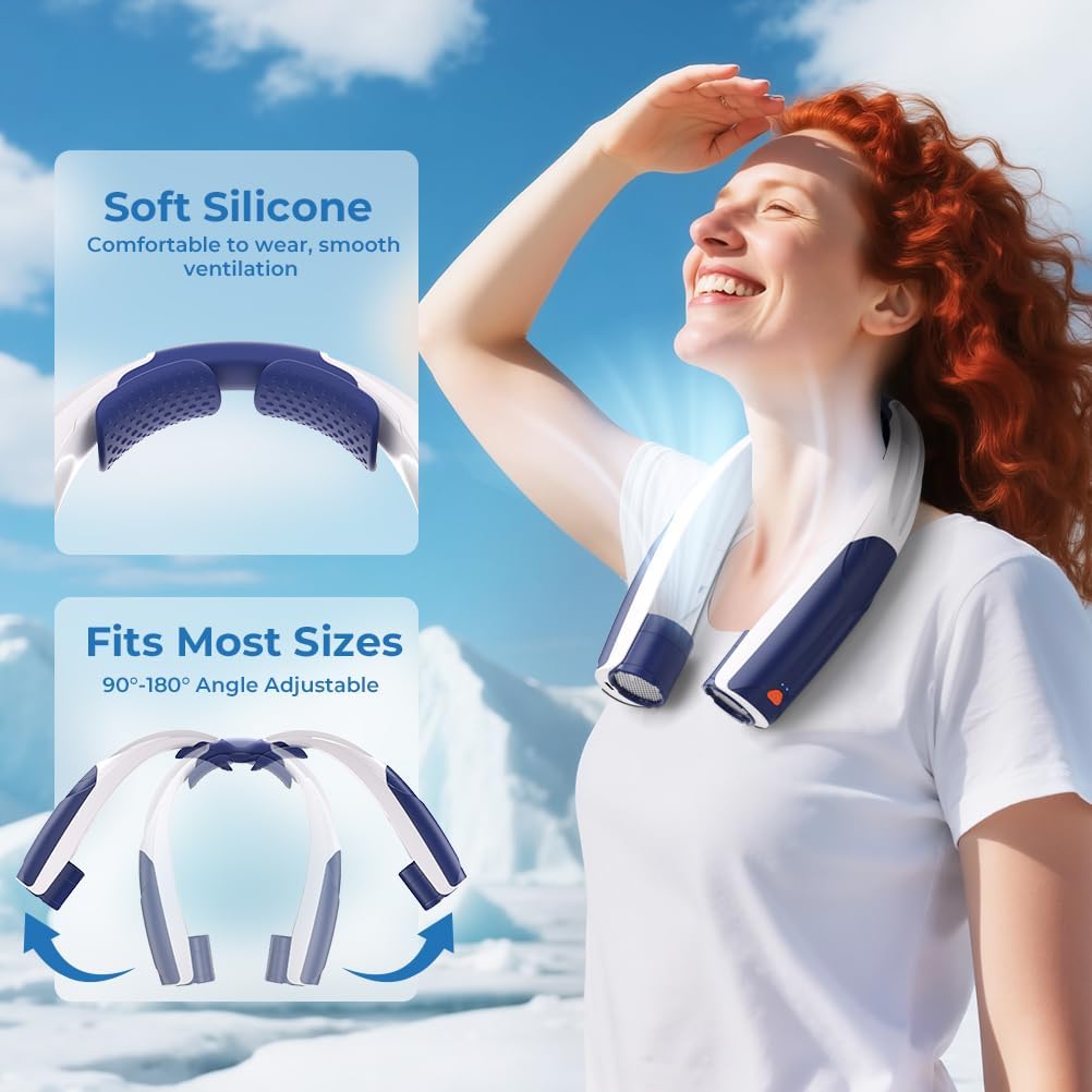 Outdoor Neck Fan 8000RPM Hurricane Wind, Portable Personal Fan Rechargeable, Battery 20H, 6 Adjustable Cooling Speeds, 360° Airflow, Hands-Free Wearable Fan for Camping Travel, Blue White