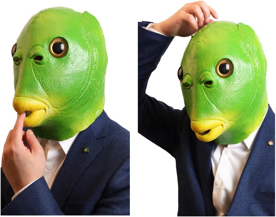 AQKILO Green Fish Mask Funny Latex Full Head Realistic Masks Fancy Dress for Halloween Carnival Costume Party