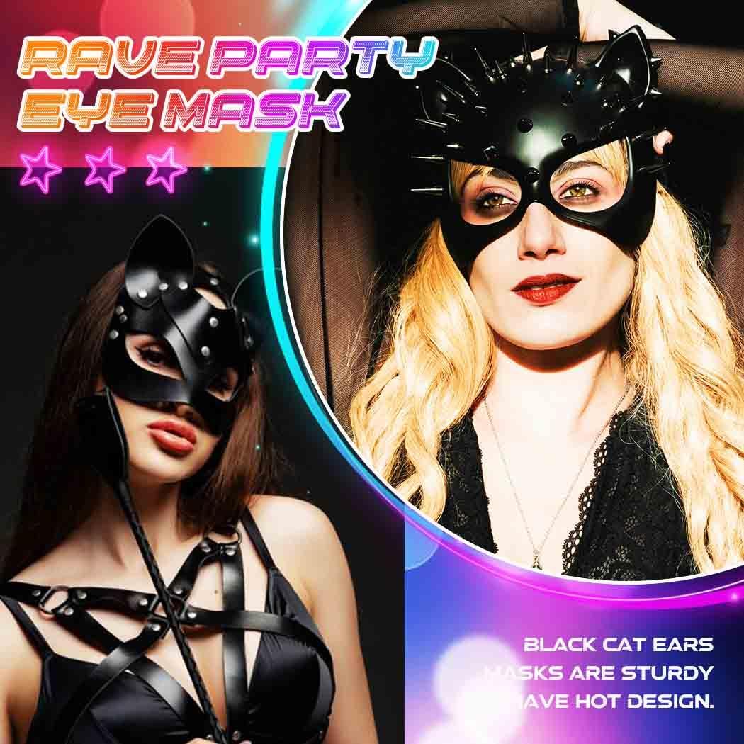 CLOACE Black Leather Masks Rivet Masquerade Cat Mask Eye Covers Halloween Costume Eye Accessory (Black)