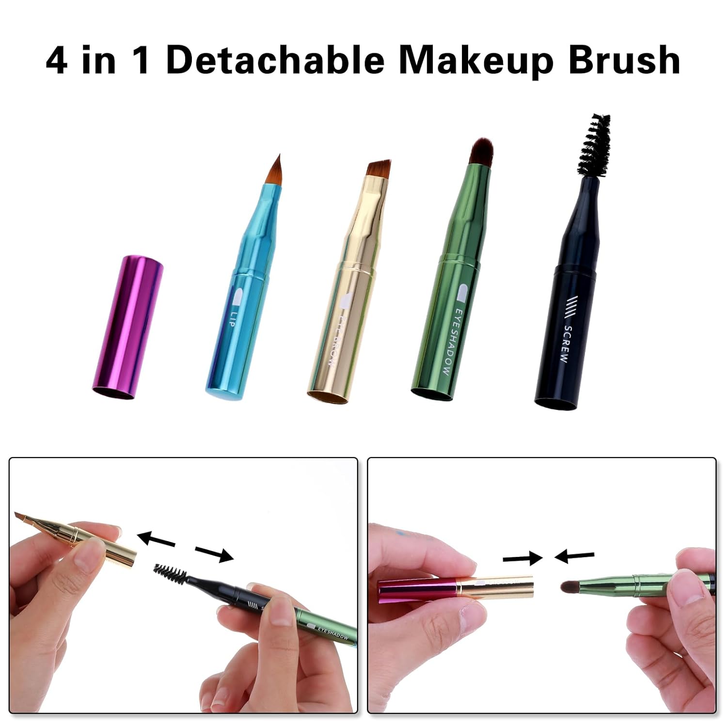 Simarro 4 in 1 Makeup Brush Set, Portable Travel Size Make Up Brushes - Detachable Eyeshadow, Eyebrow, Screw, Lip Brush for Foundation, Concealer, Powder Liquid (Multicolor)