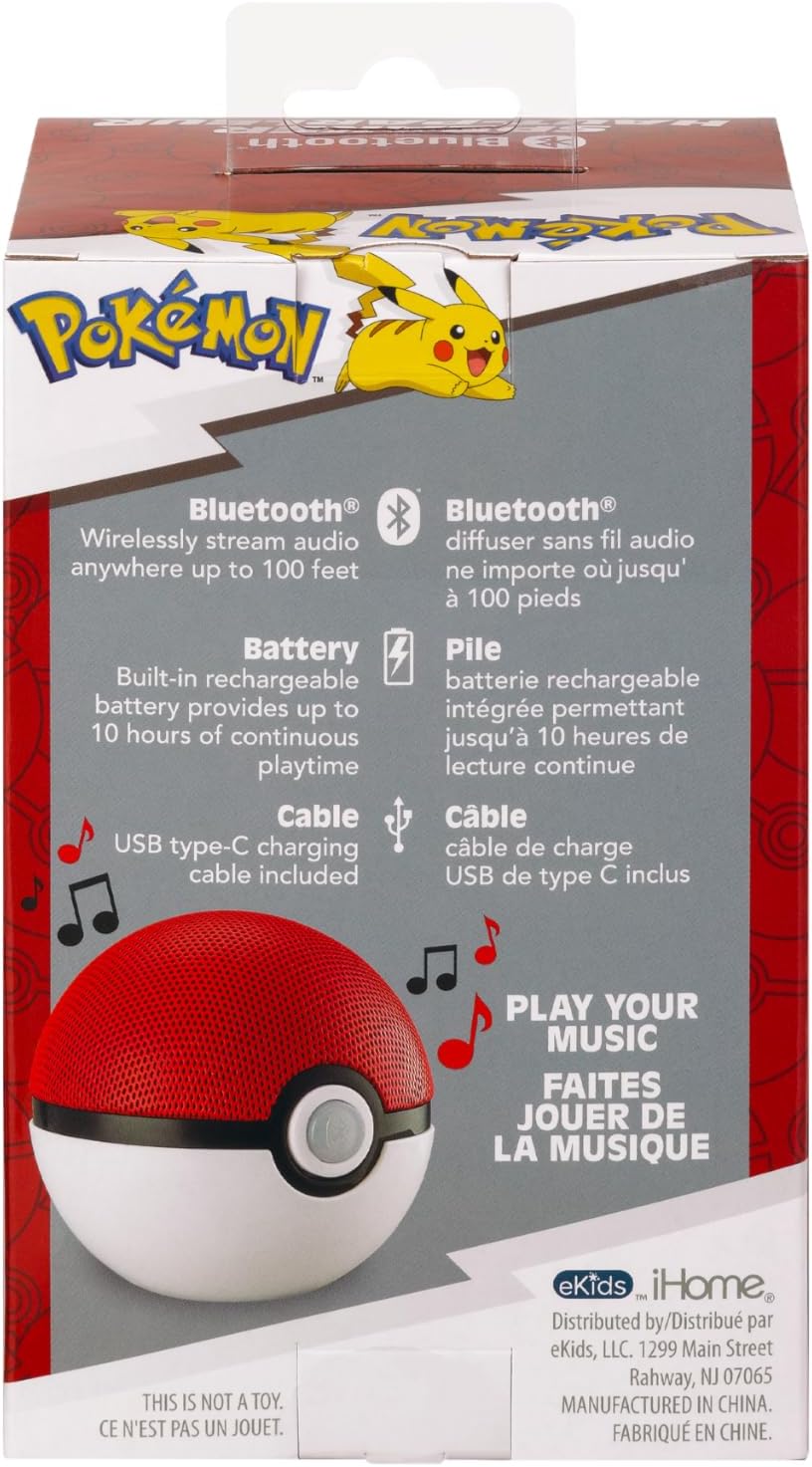 eKids Pokemon Pokeball Bluetooth Speaker, Wireless Speaker with Rechargeable Battery and USB-C Charging Cable