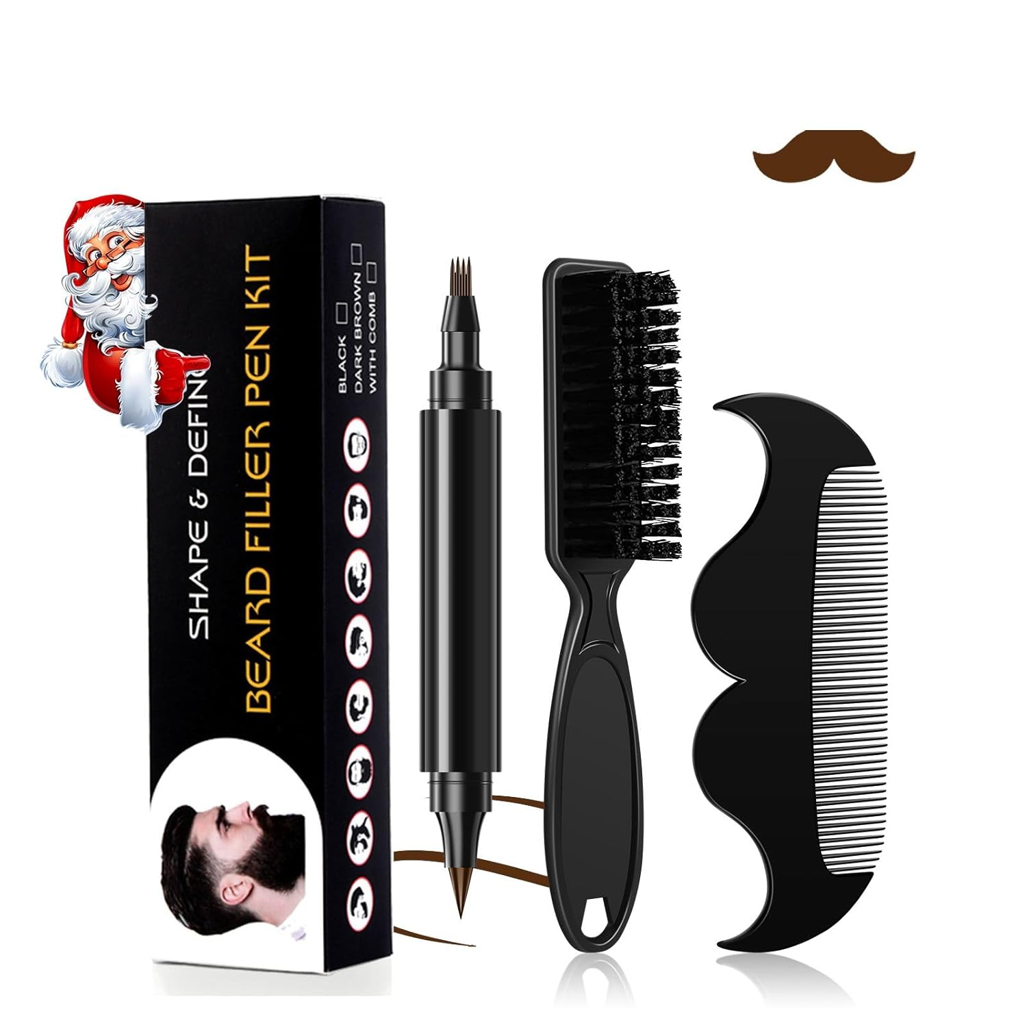 Beard Pen - Beard Pencil Filler for Men Black, Barber Pencil with Beard Brush & Comb, Dual-Head Beard Filler with 4-Fork-Tip Waterproof Mens Grooming Kits Gifts for Men, Mens Gifts Ideas (Dark Brown)
