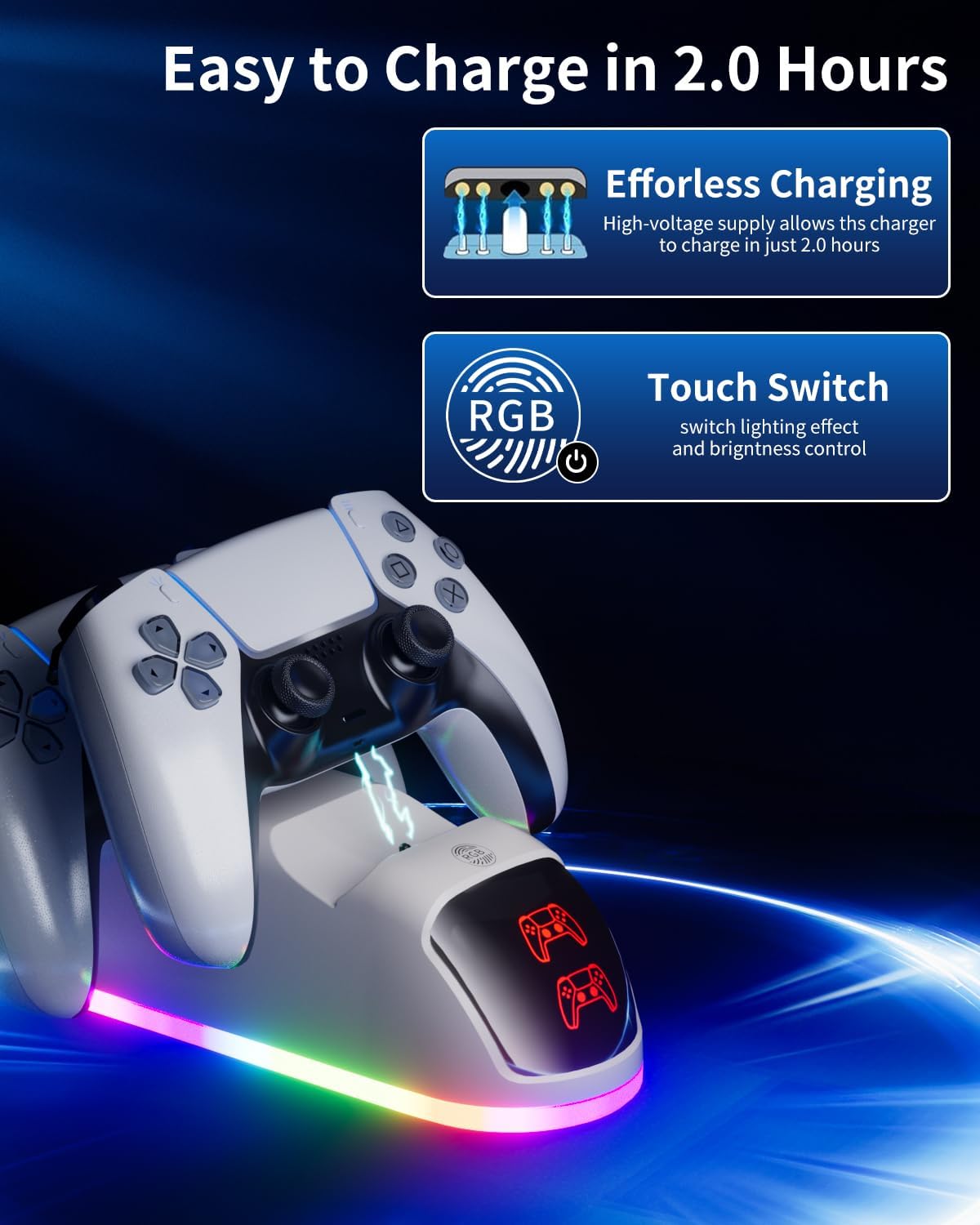 PS5 Controller Charger Station，2025 Upgrade Version with 10 LED Mode & RGB Button, Safe Fast Charging and Overcharge Protection Dock for Dualsense PlayStation 5 Controllers