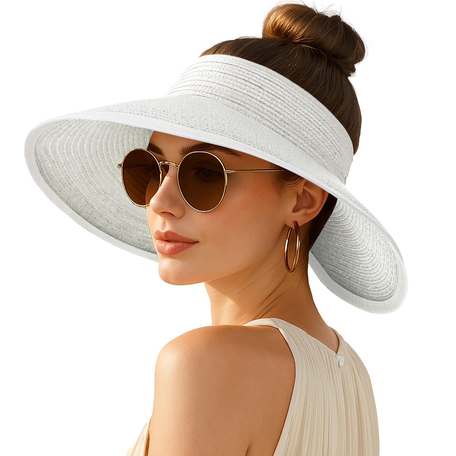Women's Sun Visor Hats Wide Brim Straw Beach Hat Ponytail Hats for Women Foldable Floppy