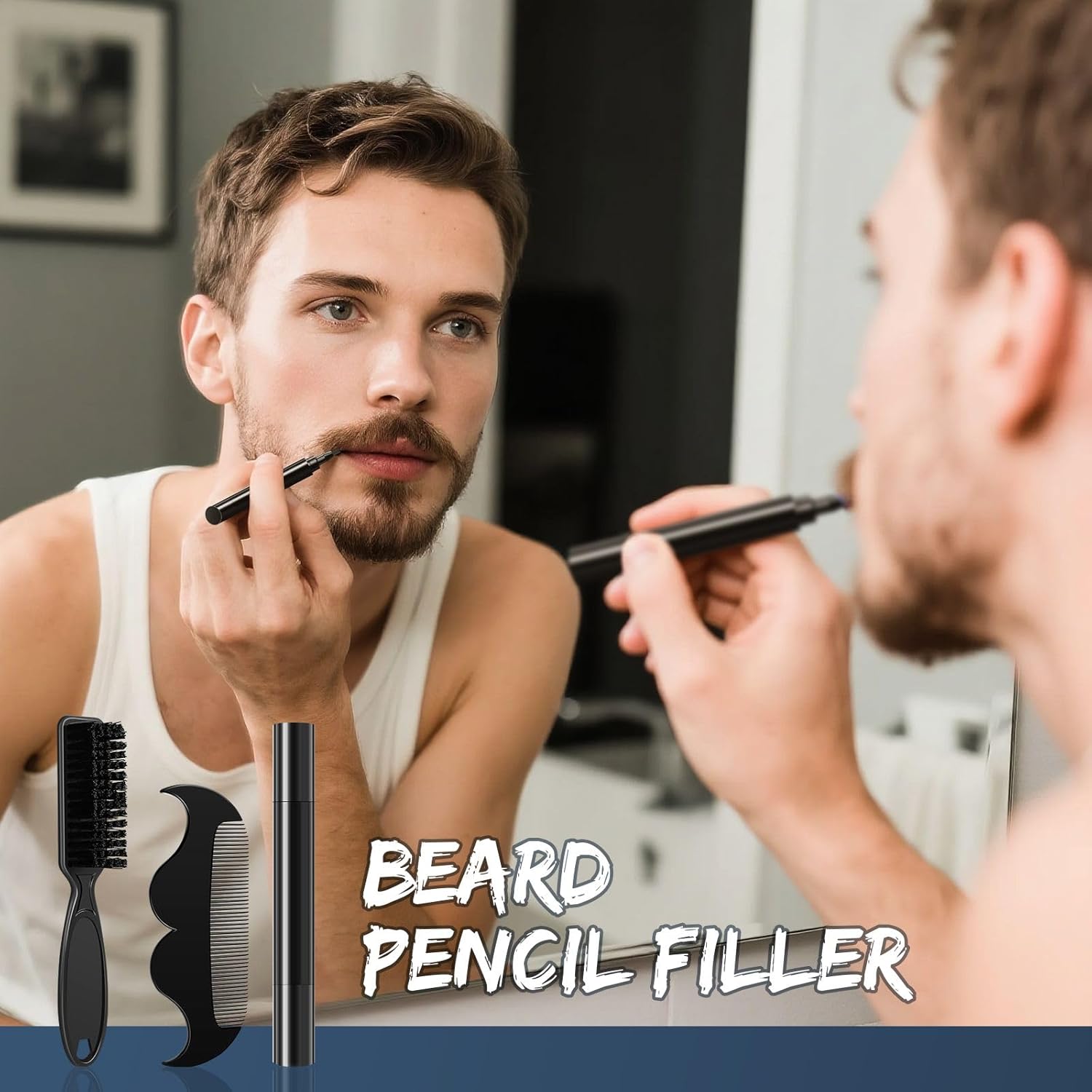 Beard Pen - Beard Pencil Filler for Men Black, Barber Pencil with Beard Brush & Comb, Dual-Head Beard Filler with 4-Fork-Tip Waterproof Mens Grooming Kits Gifts for Men, Mens Gifts Ideas (Dark Brown)
