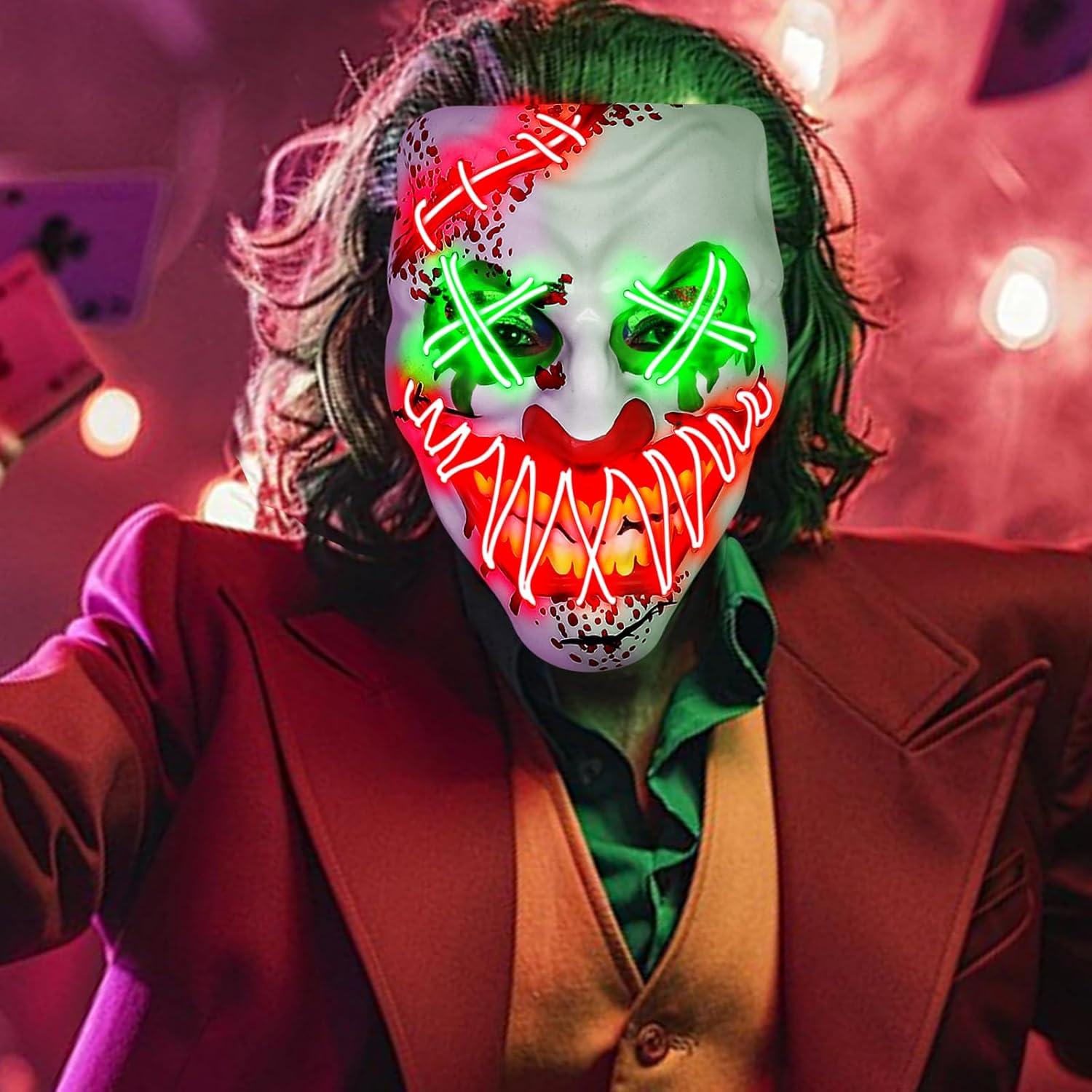 Halloween LED Clown Mask for Aldult & Kids，EL Wire Scary Purge Mask for Cosplay Costume,Light up for Festival Party
